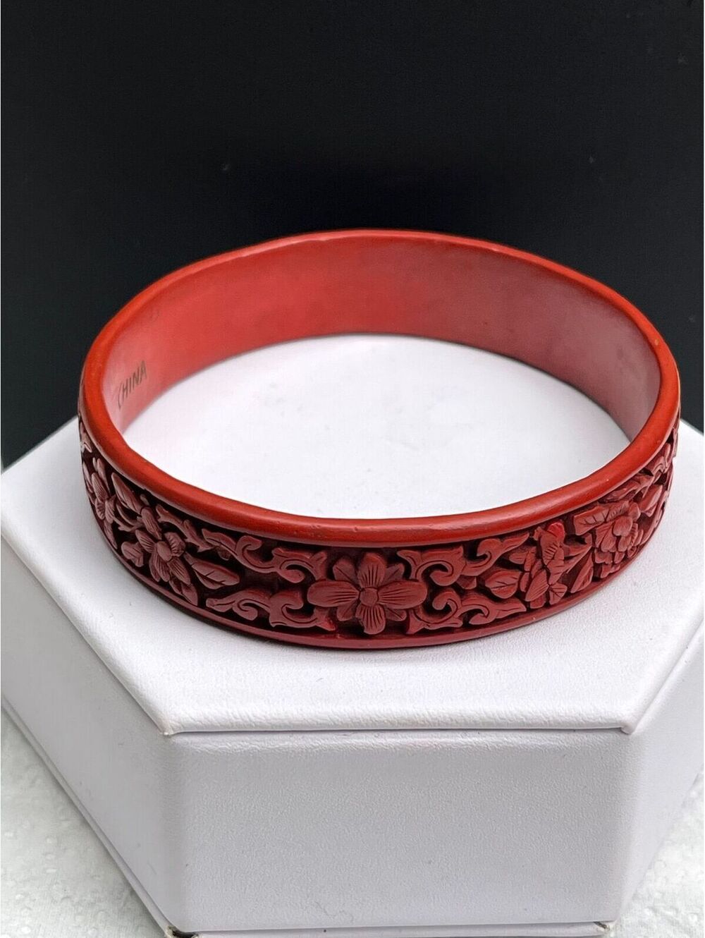 #36 Vintage Chinese Red Carved Cinnabar Bangle Bracelet 8”